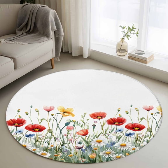 Area Rug 36in, Spring Colorful Wild Flowers Floor Carpet Living Room Rug, Pastoral Watercolor Daisy Bud Non-Slip Welcome Mat Indoor Rugs for Bedroom Dining Room