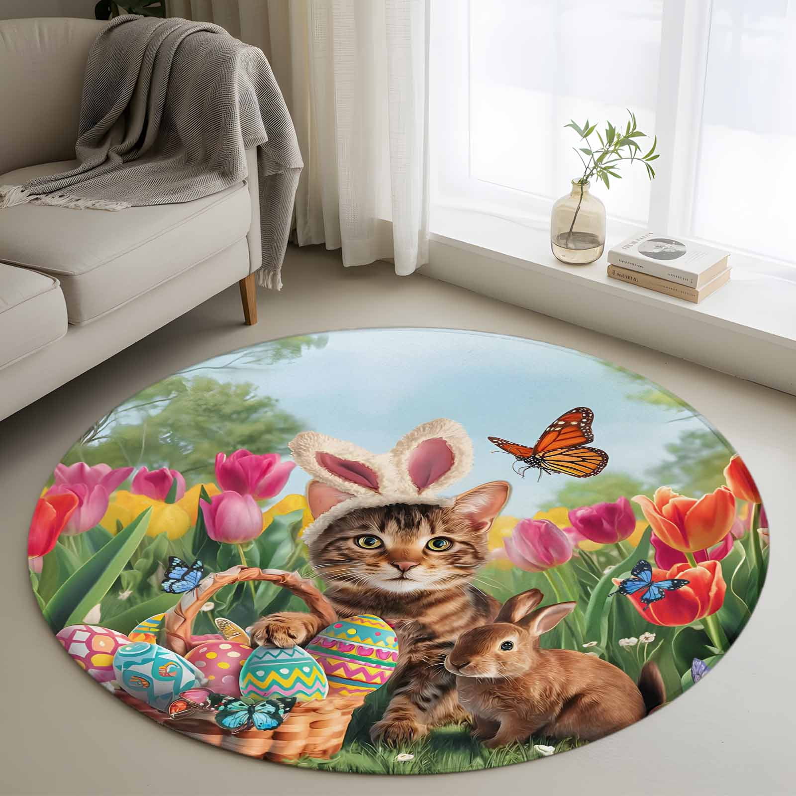 Easter Rug Design Area Rug 36in, Spring Easter Cute Bunny Cat Floor Carpet Living Room ...