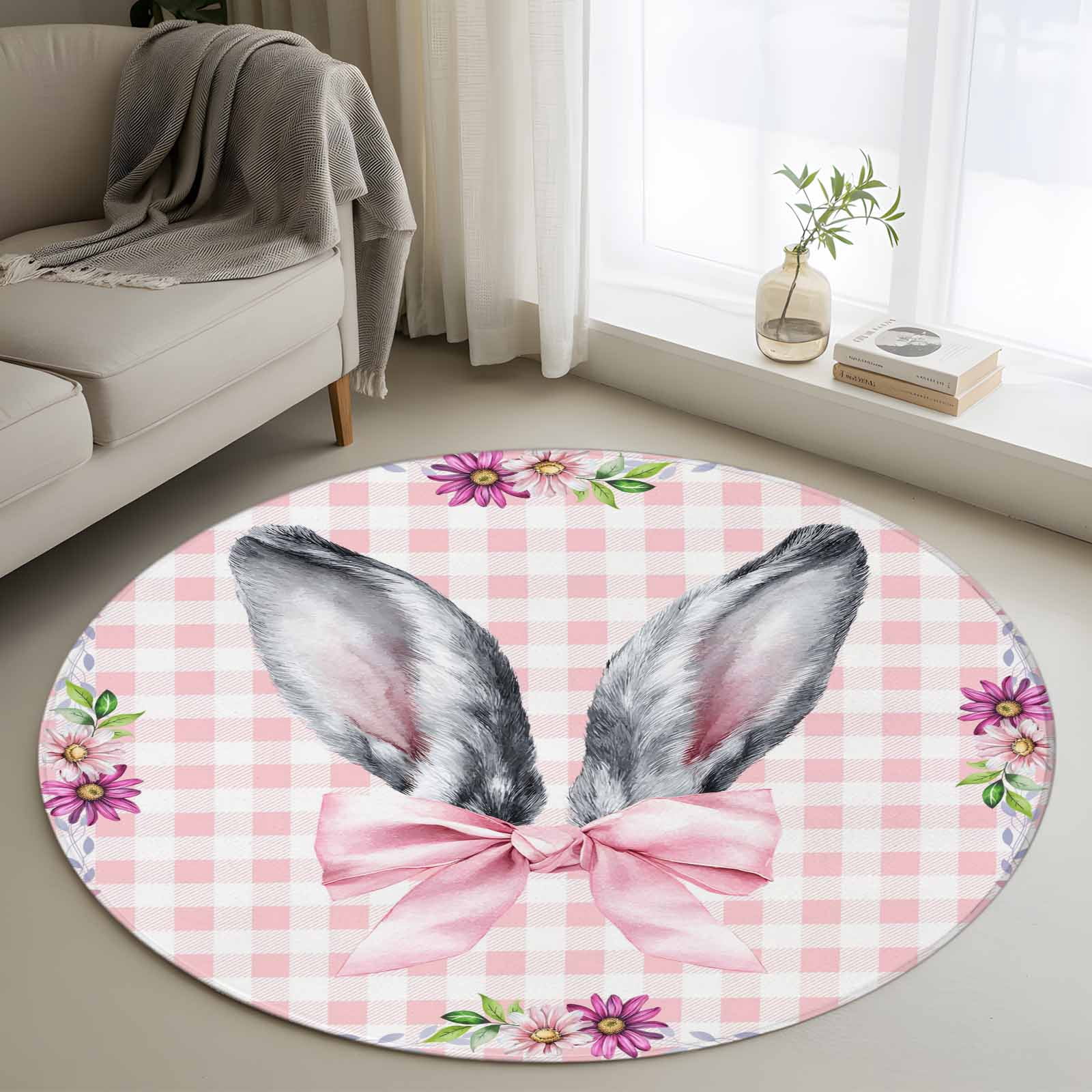 Area Rug 36in, Spring Easter Rabbit Ears Flower Floor Carpet Living ...