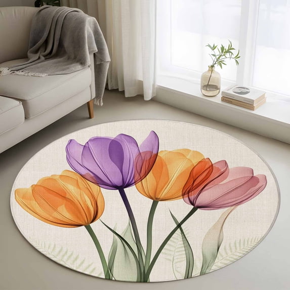 Area Rug 36in, Spring Floral Colorful Tulip Floor Carpet Living Room Rug, Countryside Wild Flower Non-Slip Welcome Mat Indoor Rugs for Bedroom Dining Room