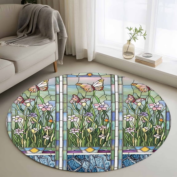 Area Rug 36in, Spring Flower Butterfly Leaves Floor Carpet Living Room Rug, Garden Traditional Paper-cut Non-Slip Welcome Mat Indoor Rugs for Bedroom Dining Room