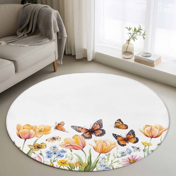 Area Rug 36in, Spring Flower Country Butterfly Floor Carpet Living Room Rug, Colorful Floral on White Non-Slip Welcome Mat Indoor Rugs for Bedroom Dining Room