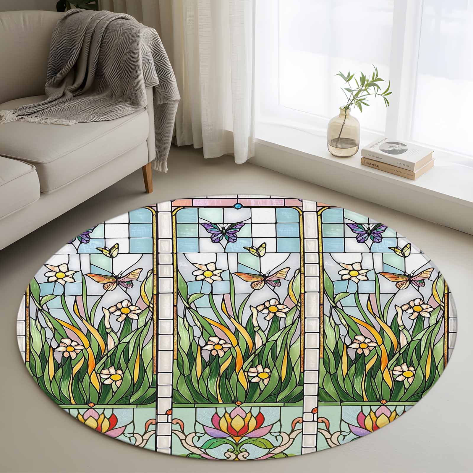 Area Rug 36in, Spring Flowers Butterfly Green Plant Floor Carpet Living ...