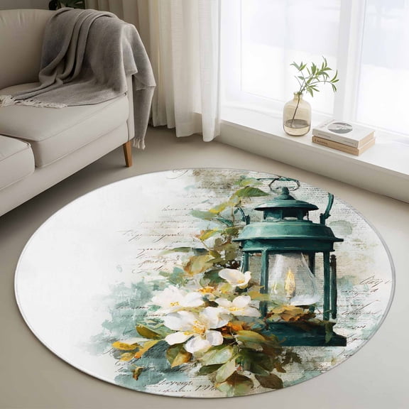 Area Rug 36in, Spring Flowers Retro Letter Texture Floor Carpet Living Room Rug, Green Candle Lights Non-Slip Welcome Mat Indoor Rugs for Bedroom Dining Room