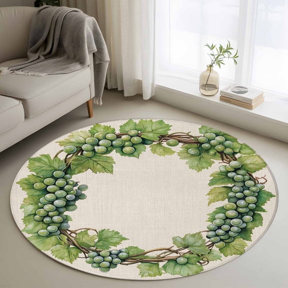 Area Rug 36in, Spring Green Grapes Vine on Beige Linen Floor Carpet Living Room Rug, Pastoral Botanical Non-Slip Welcome Mat Indoor Rugs for Bedroom Dining Room