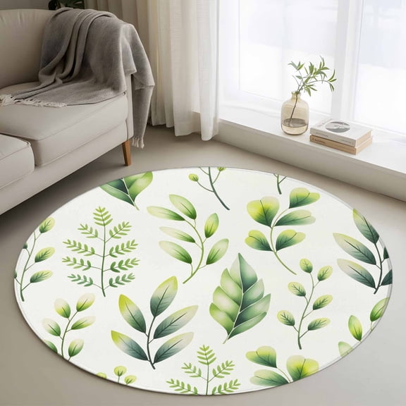 Area Rug 36in, Spring Green Leaf Watercolor Floor Carpet Living Room Rug, Pastoral Botanical Herb Non-Slip Welcome Mat Indoor Rugs for Bedroom Dining Room