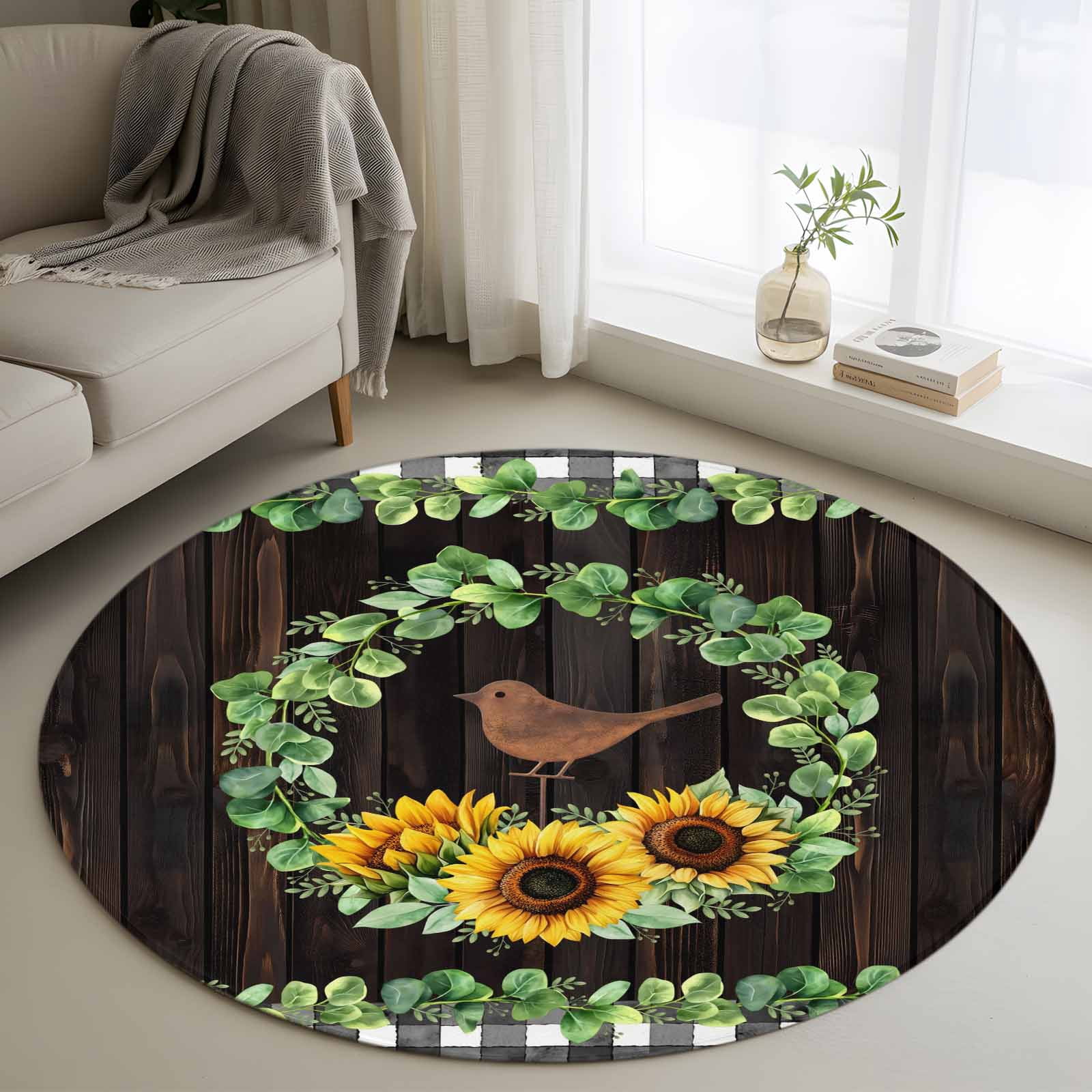 Area Rug 36in, Spring Green Yugal Leaves Sunflowers Bird Floor Carpet ...