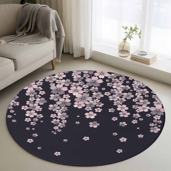Area Rug 36in, Spring Pink Cherry Blossoms Flower Floor Carpet Living Room Rug, Blossom Floral on Black Non-Slip Welcome Mat Indoor Rugs for Bedroom Dining Room