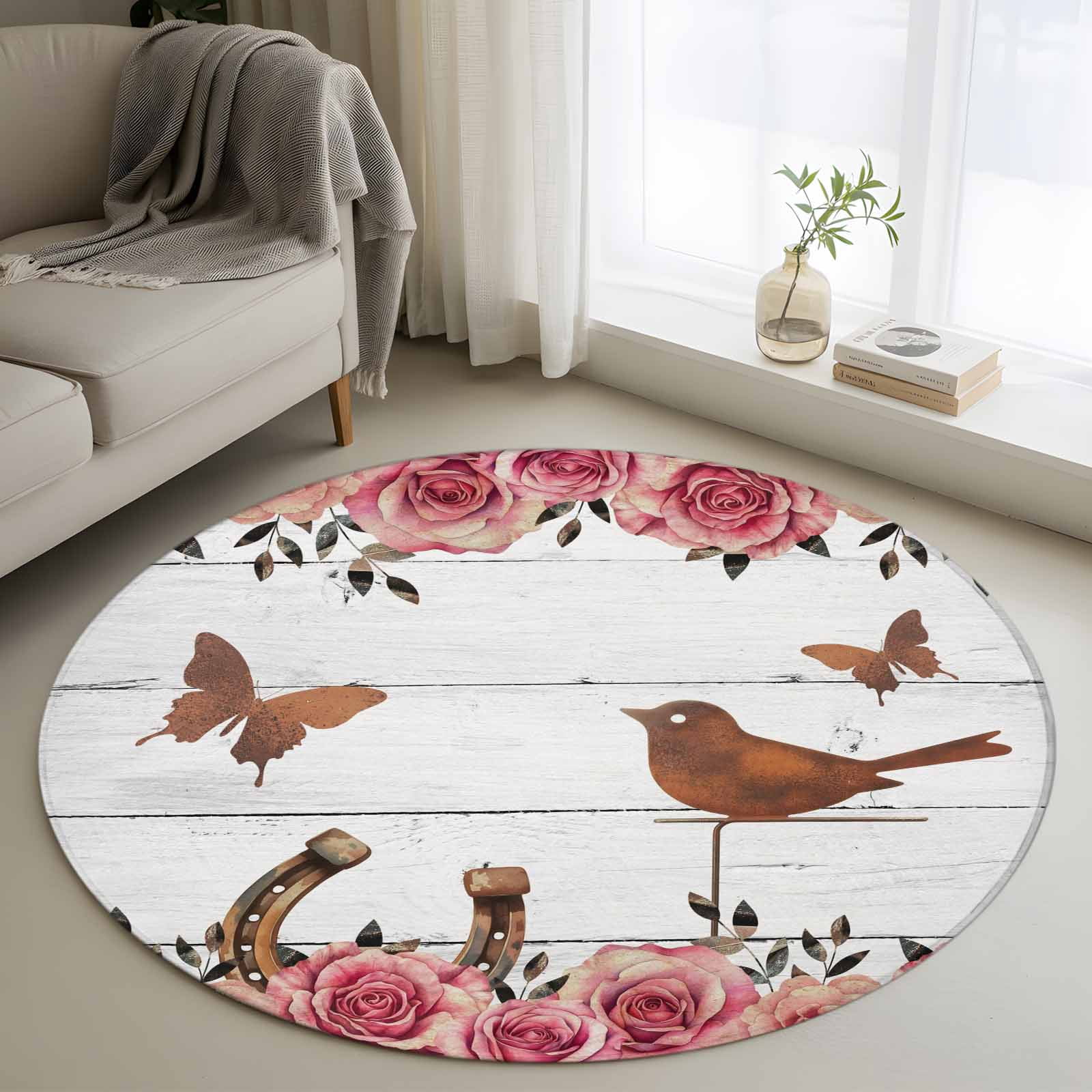 Naturestep Rug Butterfly Area Rug 36in, Spring Pink Rose Flower Birds Butterflies Floor Carpet ...