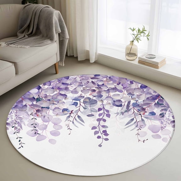 Area Rug 36in, Spring Purple Eucalyptus Leaf on Top Floor Carpet Living Room Rug, Watercolor Botanical on White Non-Slip Welcome Mat Indoor Rugs for Bedroom Dining Room