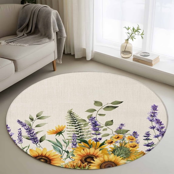 Area Rug 36in, Spring Sunflowers Lavender Floor Carpet Living Room Rug, Vintage Plants on Linen Non-Slip Welcome Mat Indoor Rugs for Bedroom Dining Room
