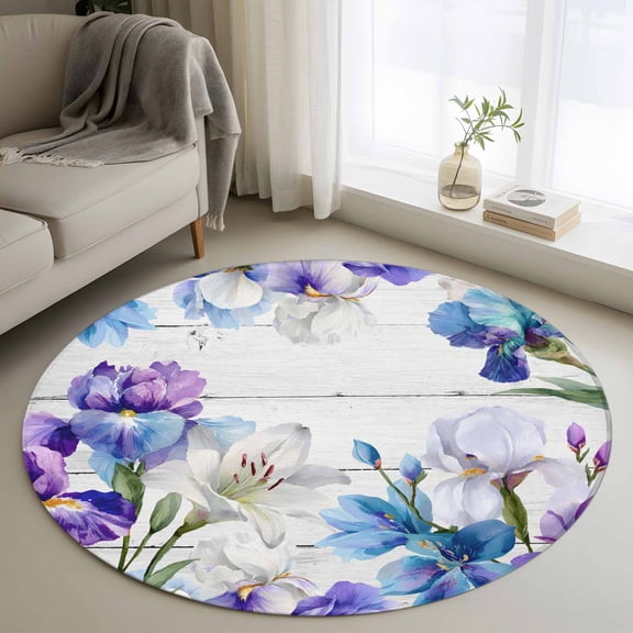 Area Rug 36in, Spring Watercolor Iris Lily Flower Floor Carpet Living Room Rug, Floral on Farm Wood Grain Non-Slip Welcome Mat Indoor Rugs for Bedroom Dining Room