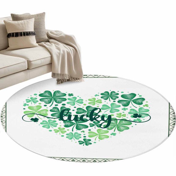 Area Rug 36in, St Patrick Day Green Irish Leaf Clovers Floor Carpet Living Room Rug, Checker and Shamrock on White Non-Slip Welcome Mat Indoor Rugs for Bedroom Dining Room