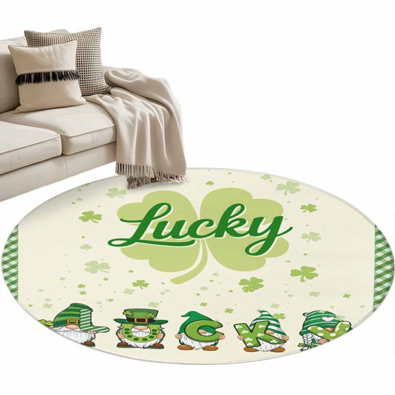 Area Rug 36in, St Patrick Gnomes with Lucky Quote Floor Carpet Living Room Rug, Green Clovers Leaves and Lattice Non-Slip Welcome Mat Indoor Rugs for Bedroom Dining Room