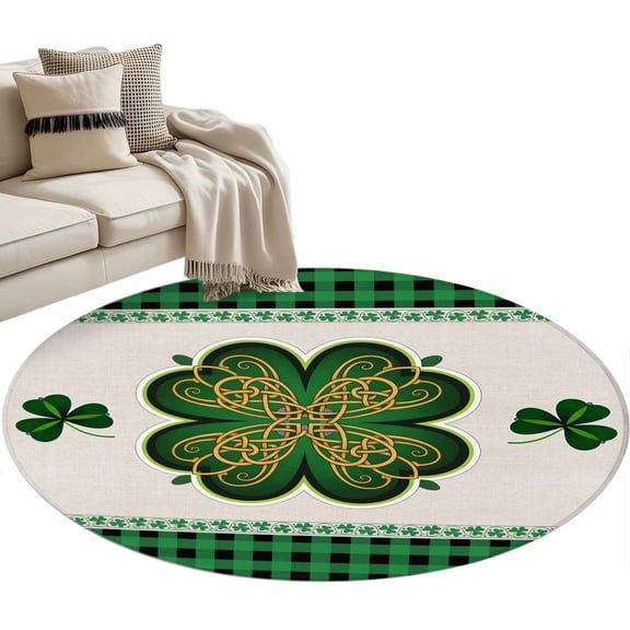 Area Rug 36in, St. Patrick's Day Celtic Knot Lucky Clovers Floor Carpet Living Room Rug, Green Black Buffalo Plaid Non-Slip Welcome Mat Indoor Rugs for Bedroom Dining Room