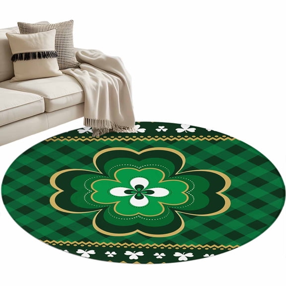 Area Rug 36in, St. Patrick's Day Clover Leaf and Buffalo Plaid Floor Carpet Living Room Rug, Celtic Festival Non-Slip Welcome Mat Indoor Rugs for Bedroom Dining Room