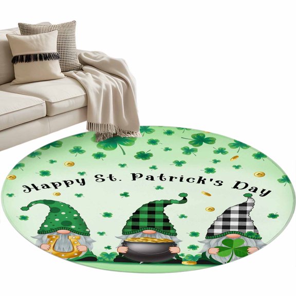 Area Rug 36in, St. Patrick's Day Gnome Pot of Gold Horseshoe Floor Carpet Living Room Rug, Green Lucky Leaf Non-Slip Welcome Mat Indoor Rugs for Bedroom Dining Room