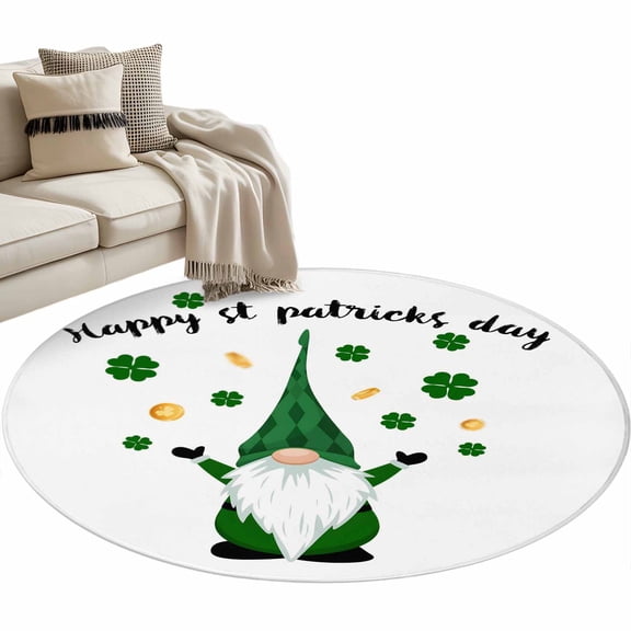 Area Rug 36in, St. Patrick's Day Gnomes Clovers Floor Carpet Living Room Rug, Ireland Gold Coin Non-Slip Welcome Mat Indoor Rugs for Bedroom Dining Room