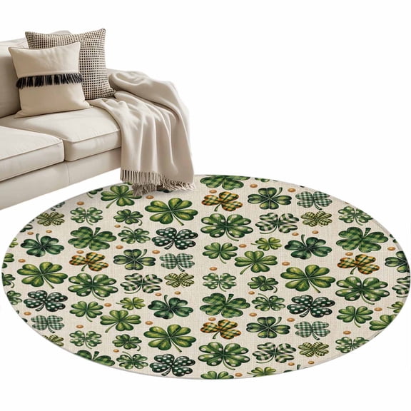 Area Rug 36in, St. Patrick's Day Green Four Leaves Floor Carpet Living Room Rug, Retro Dot Luck Leaf Non-Slip Welcome Mat Indoor Rugs for Bedroom Dining Room