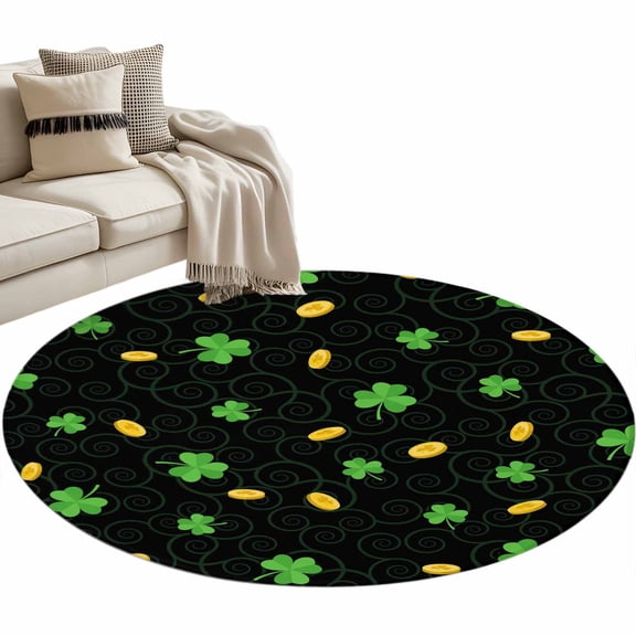 Area Rug 36in, St. Patrick's Day Three-leaf Floor Carpet Living Room Rug, Gold Coin Non-Slip Welcome Mat Indoor Rugs for Bedroom Dining Room