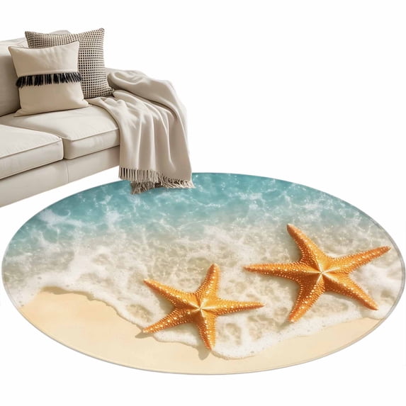 Area Rug 36in, Summer Beach Scene Starfish Ocean Floor Carpet Living Room Rug, Water Ripple Sea Waves Non-Slip Welcome Mat Indoor Rugs for Bedroom Dining Room