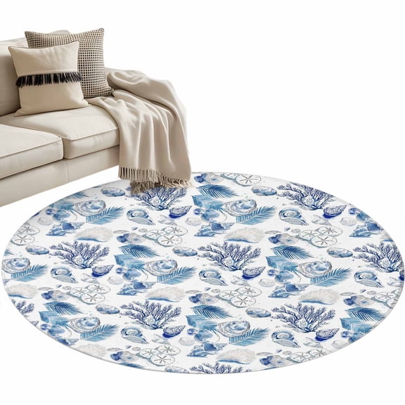 Area Rug 36in, Summer Corals Shells Seagrass Floor Carpet Living Room Rug, Blue Marine Life Non-Slip Welcome Mat Indoor Rugs for Bedroom Dining Room