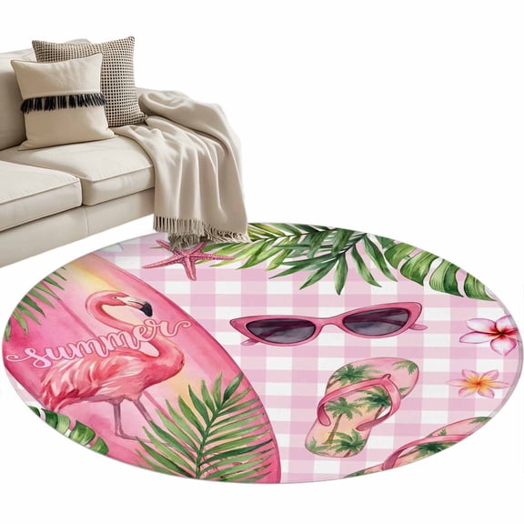Area Rug 36in, Summer Flamingo Surfboard Slipper Floor Carpet Living Room Rug, Beach Theme Pink Plaid Non-Slip Welcome Mat Indoor Rugs for Bedroom Dining Room