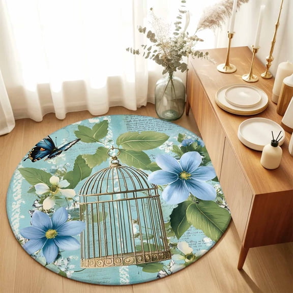 Area Rug 36in, Summer Flower Leaf Birdcage Floor Carpet Living Room Rug, Retro Watercolor Butterfly Plant Non-Slip Welcome Mat Indoor Rugs for Bedroom Dining Room