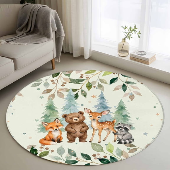Area Rug 36in, Summer Forests Bear Fox Raccoon Floor Carpet Living Room Rug, Pine Tree Leaves on Green Non-Slip Welcome Mat Indoor Rugs for Bedroom Dining Room