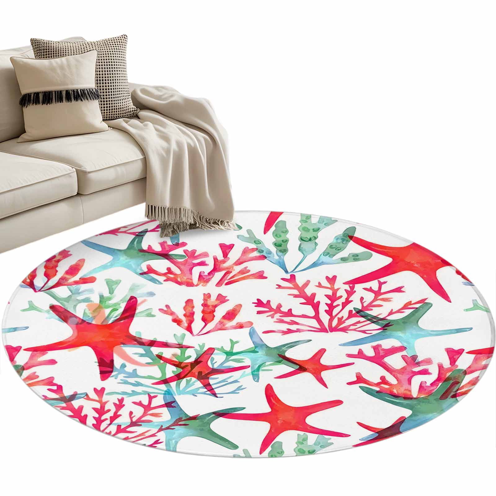 Area Rug 36in, Summer Green Red Starfish Coral on White Floor Carpet ...