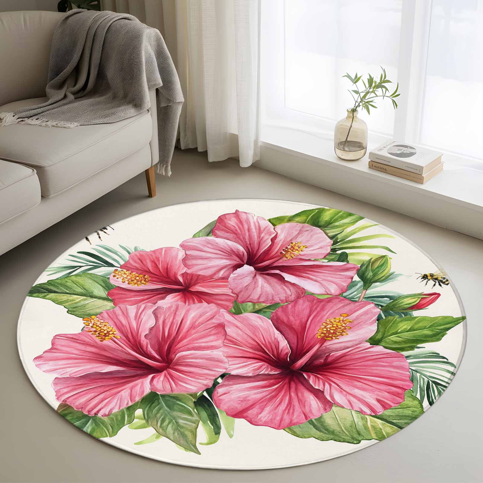 Hibiscus Rug Area Rug 36in, Summer Hibiscus Flower Floor Carpet Living Room Rug ...