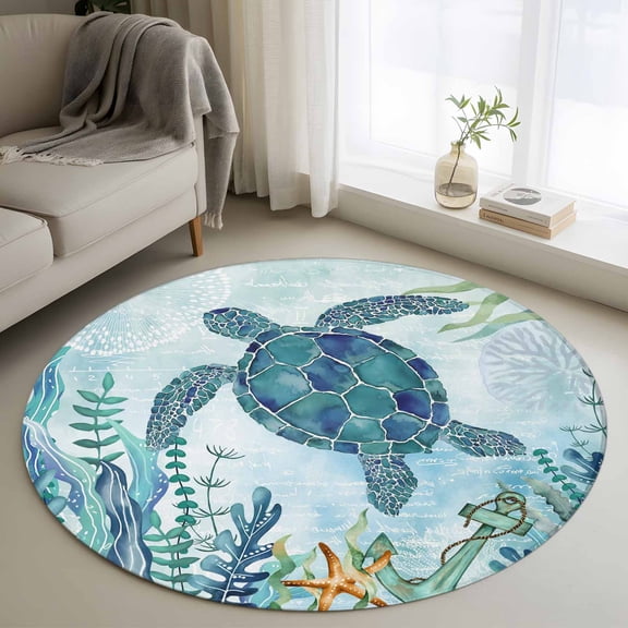 Area Rug 36in, Summer Marine Life Turtle Floor Carpet Living Room Rug, Anchor Starfish Non-Slip Welcome Mat Indoor Rugs for Bedroom Dining Room