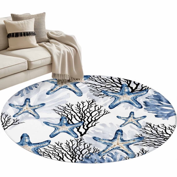 Area Rug 36in, Summer Ocean Abstract Starfish Floor Carpet Living Room Rug, Seaside Watercolor Coral Non-Slip Welcome Mat Indoor Rugs for Bedroom Dining Room