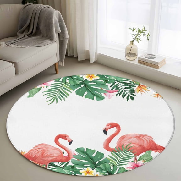 Area Rug 36in, Summer Pink Flamingo Palm Leaf Floor Carpet Living Room Rug, Tropical Flower Plant Animal Non-Slip Welcome Mat Indoor Rugs for Bedroom Dining Room