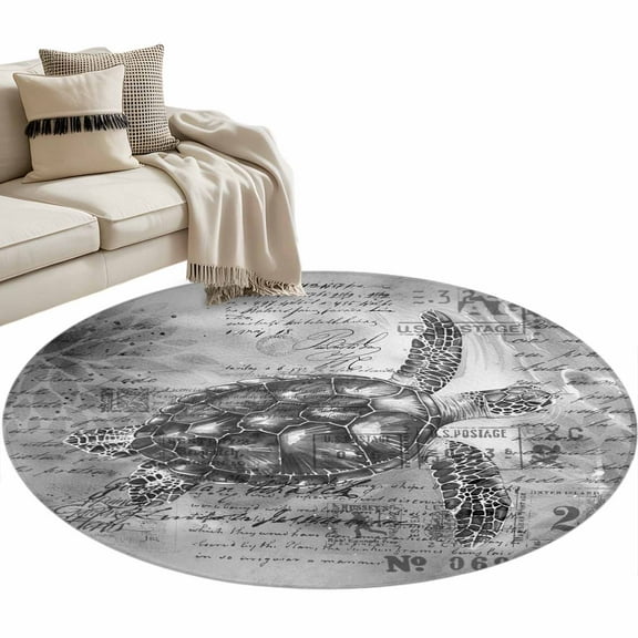 Area Rug 36in, Summer Retro Ocean Grey Turtle Floor Carpet Living Room Rug, Sea Animal Non-Slip Welcome Mat Indoor Rugs for Bedroom Dining Room