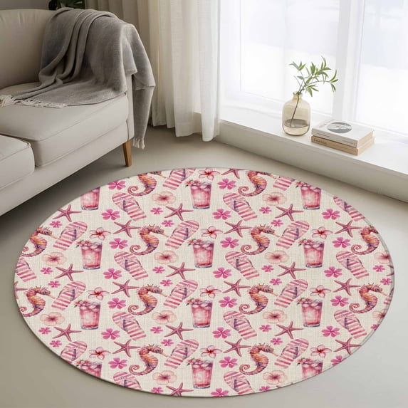 Area Rug 36in, Summer Seahorse Slippers Floor Carpet Living Room Rug, Retro Starfish on Linen Non-Slip Welcome Mat Indoor Rugs for Bedroom Dining Room