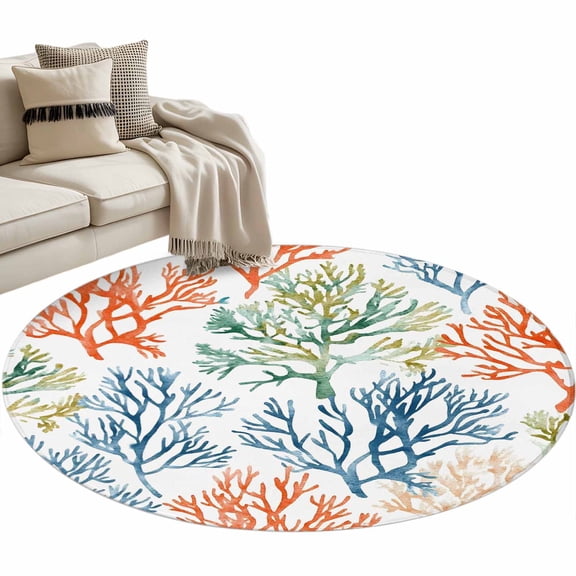 Area Rug 36in, Summer Watercolor Coral Marine Life Floor Carpet Living Room Rug, Ocean Colorful Coralline Non-Slip Welcome Mat Indoor Rugs for Bedroom Dining Room