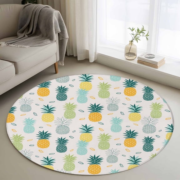 Area Rug 36in, Summer Watercolor Pineapple Floor Carpet Living Room Rug, Abstract Farm Fruit Non-Slip Welcome Mat Indoor Rugs for Bedroom Dining Room