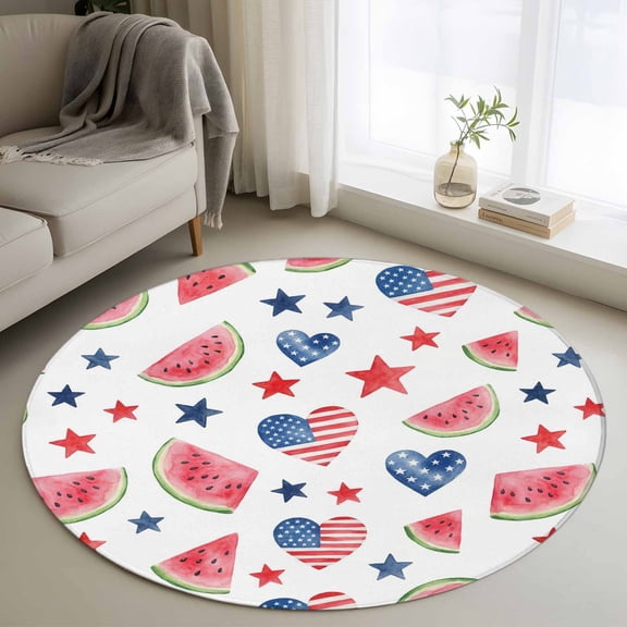 Area Rug 36in, Summer Watermelon Slices Floor Carpet Living Room Rug, USA Flag Heart Red Blue Stars Non-Slip Welcome Mat Indoor Rugs for Bedroom Dining Room