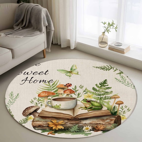Area Rug 36in, Sweet Home Frog Floor Carpet Living Room Rug, Mushroom Coffee Book on Retro Linen Non-Slip Welcome Mat Indoor Rugs for Bedroom Dining Room