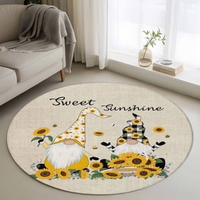 Area Rug 36in, Sweet Sunshine Words Gnomes Floor Carpet Living Room Rug, Farm Sunflowers on Linen Non-Slip Welcome Mat Indoor Rugs for Bedroom Dining Room