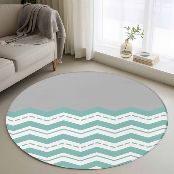 Area Rug 36in, Teal Ripple Zigzag Chevron Floor Carpet Living Room Rug, Gray Abstract Geometric Non-Slip Welcome Mat Indoor Rugs for Bedroom Dining Room