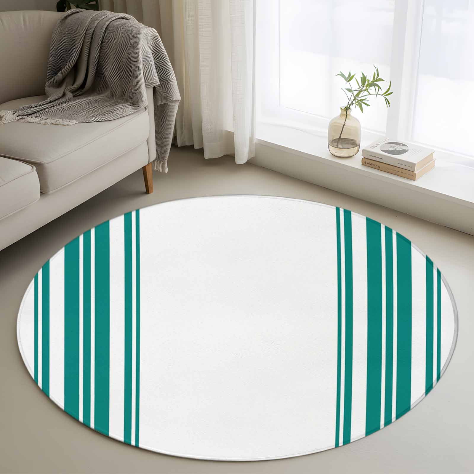 Area Rug 36in, Teal Stripe Turquoise Line White Back Floor Carpet ...
