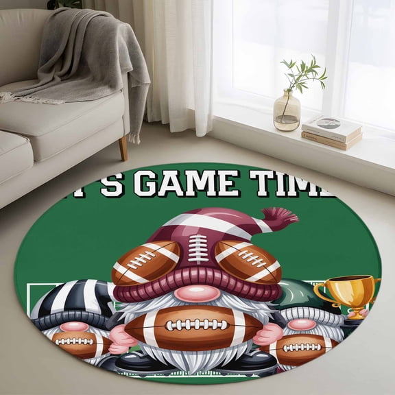 Area Rug 36in, Thanksgiving Sport Rugby Gnomes Floor Carpet Living Room Rug, It's Game Time Words Non-Slip Welcome Mat Indoor Rugs for Bedroom Dining Room