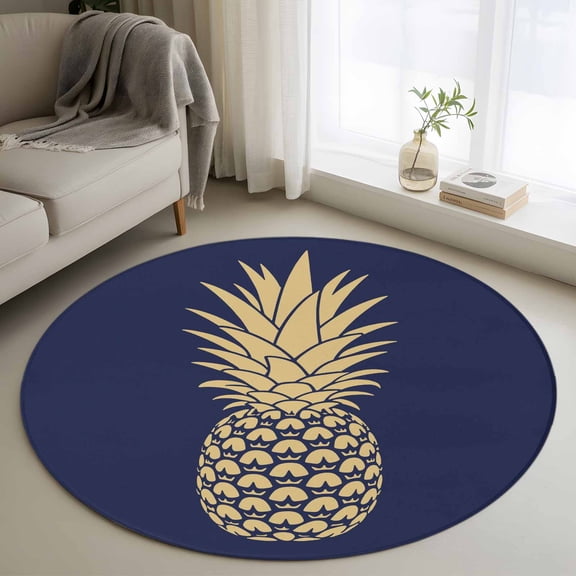 Area Rug 36in, Tropical Fruit Pineapple Floor Carpet Living Room Rug, Abstract Yellow Pattern on Navy Blue Non-Slip Welcome Mat Indoor Rugs for Bedroom Dining Room