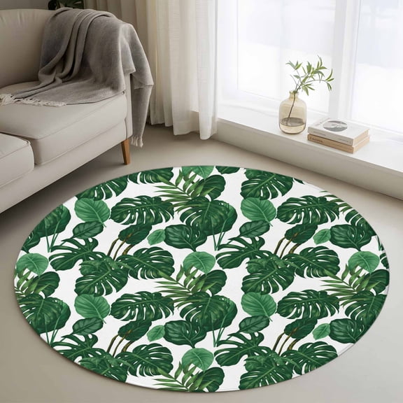 Area Rug 36in, Tropical Plants Turtle Backwood Floor Carpet Living Room Rug, Watercolor Green Leaves Non-Slip Welcome Mat Indoor Rugs for Bedroom Dining Room