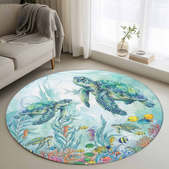 Area Rug 36in, Undersea World Ocean Turtle Coral Floor Carpet Living Room Rug, Marine Life Seaweed Fish Non-Slip Welcome Mat Indoor Rugs for Bedroom Dining Room
