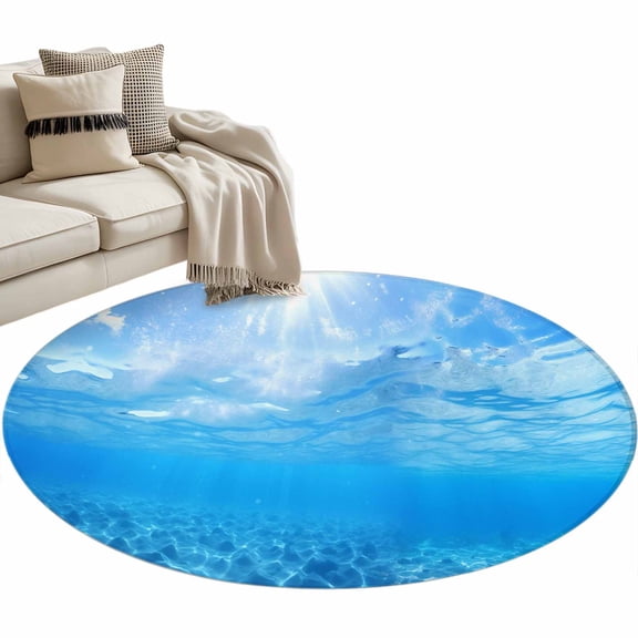 Area Rug 36in, Underwater Blue Ocean Water Waves Sunshine Through Deep Sea View Floor Carpet Living Room Rug, Seascape Non-Slip Welcome Mat Indoor Rugs for Bedroom Dining Room