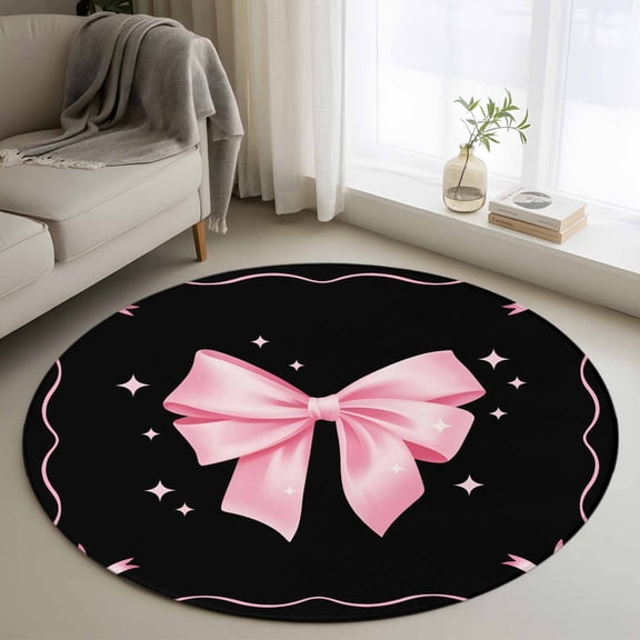 Area Rug 36in, Valentine's Day Pink Bowknot on Black Floor Carpet Living Room Rug, Ribbon Bow Mother's Day Non-Slip Welcome Mat Indoor Rugs for Bedroom Dining Room
