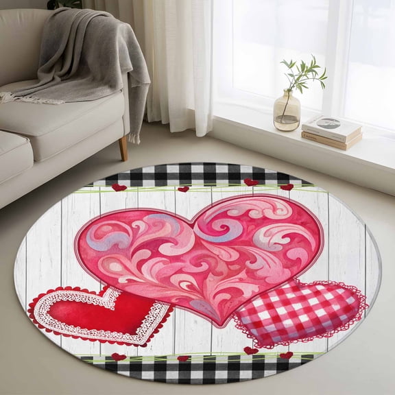 Area Rug 36in, Valentine's Retro Love Hearts Patch Floor Carpet Living Room Rug, Gingham on Wooden Board Non-Slip Welcome Mat Indoor Rugs for Bedroom Dining Room